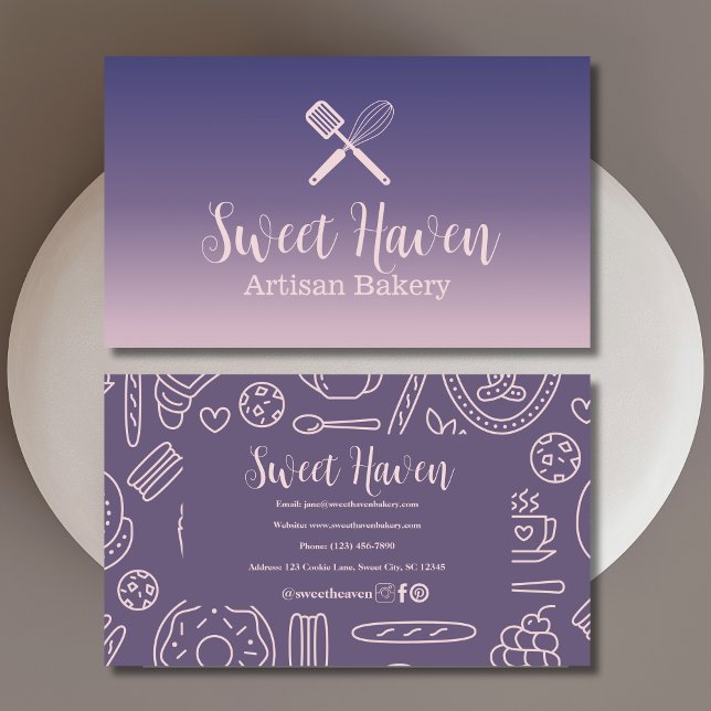 Navy Pink Gradient Cooking Utensil Bakery Business Card (Creator Uploaded)
