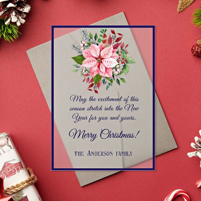 Navy Pink Green Poinsettia Frosted Christmas Card Acrylic Invitations (Creator Uploaded)