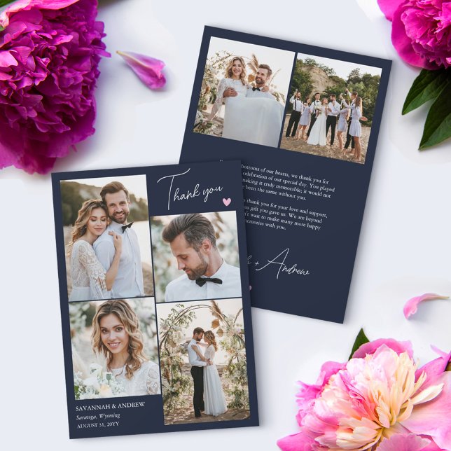 Navy Pink Heart Wedding Photos Thank You Note (Creator Uploaded)
