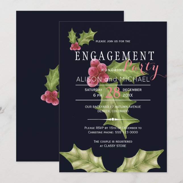 Navy pink holly berry winter engagement party invitation (Front/Back)