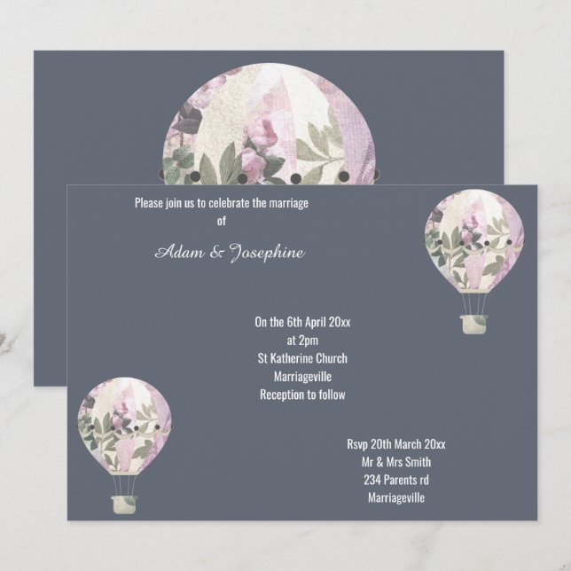 NAVY PINK HOT AIR BALLOON ELEGANT WEDDING INVITATION (Front/Back)