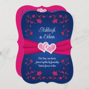 Navy, Pink Love Hearts Wedding Invitation