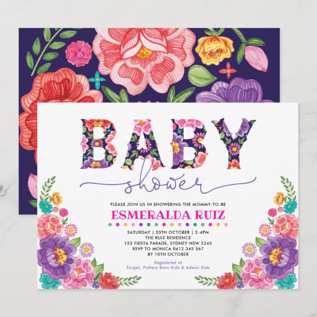 Navy Pink Mexican Fiesta Flower Baby Shower Invitation (Front/Back)