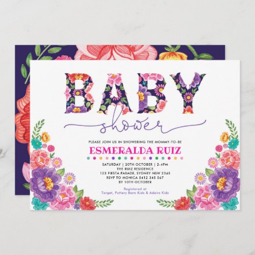 Navy Pink Mexican Fiesta Flower Baby Shower Invitation