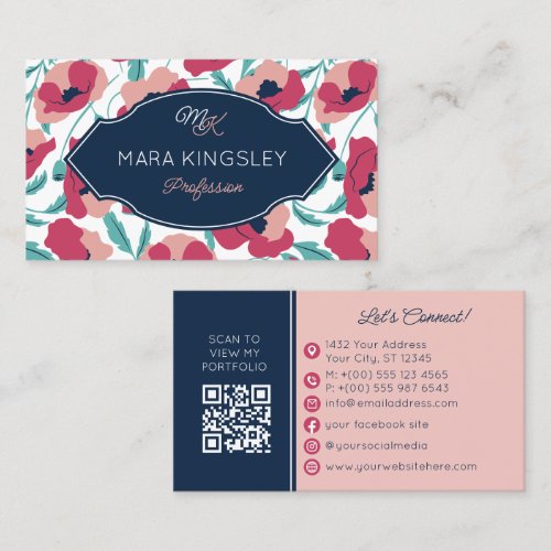 Navy Pink Modern Poppy Pattern Monogram Business Card