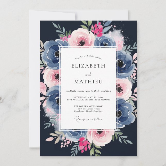 Navy Pink Moody Painterly Wedding Invitation (Front)