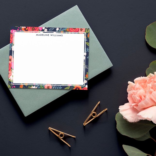 Navy Pink Orange Boho Floral Border With Name Note Card (Creator Uploaded)