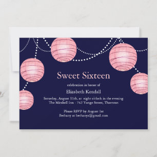 Navy & Pink Party Lantern Sweet 16 Invitation