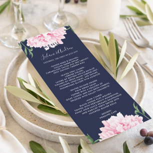 Navy Pink Peony Watercolor Wedding Menu