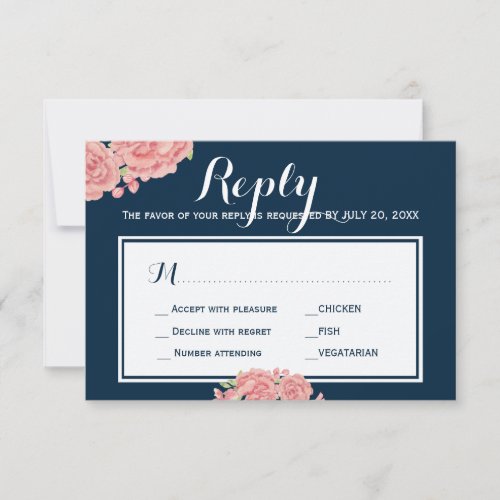 Navy pink peony wedding response meal choice RSVP