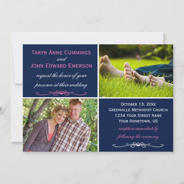 Navy Pink Photo Wedding Invitation (Front)