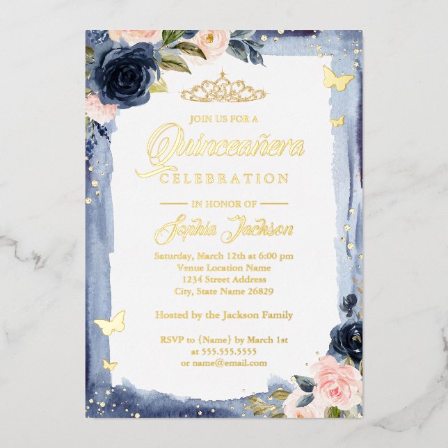 Navy Pink Quinceanera Floral Sparkle Tiara Foil In Invitation (Front)