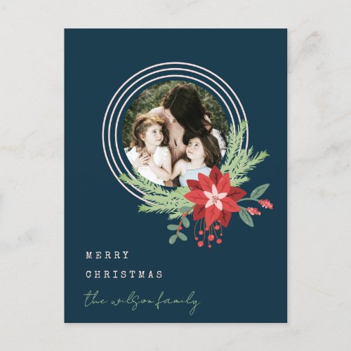Navy Pink Red Christmas Photo Poinsettia Floral Holiday Postcard