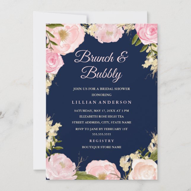 Navy Pink Rose Brunch and Bubbly Bridal Shower Invitation (Front)