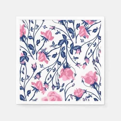 Navy  Pink Rose Floral Flower Print Napkins