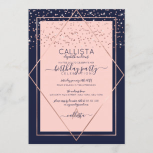 Navy Pink Rose Gold Confetti Border Birthday Invitation