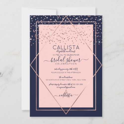Navy Pink Rose Gold Confetti Border Bridal Shower Invitation