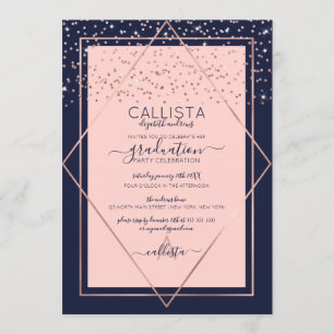 Navy Pink Rose Gold Confetti Border Graduation Invitation
