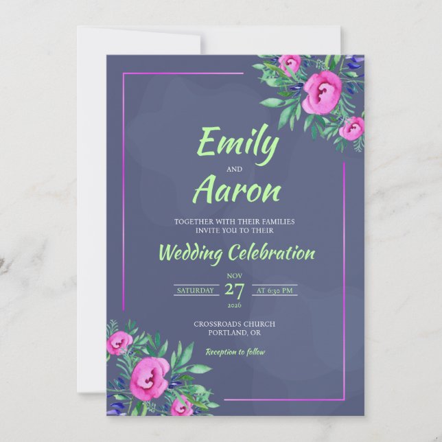 Navy Pink Rose Romantic Floral Watercolor Wedding Invitation (Front)