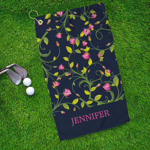 Navy Pink Rose Vine Personalized Name Golf Towel