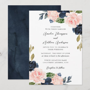 Navy Pink Rustic Botanical Florals Wedding Invitation