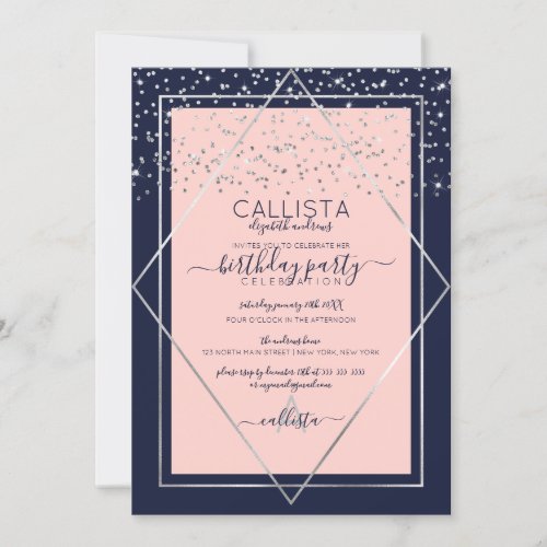 Navy Pink Silver Confetti Border Birthday Invitation