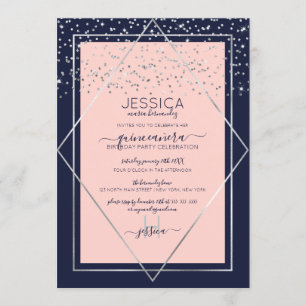 Navy Pink Silver Confetti Border Quinceañera Invitation