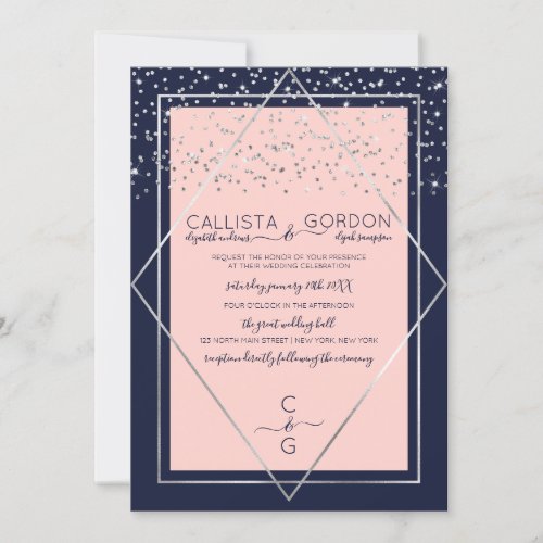 Navy Pink Silver Confetti Geo Border Wedding Invitation