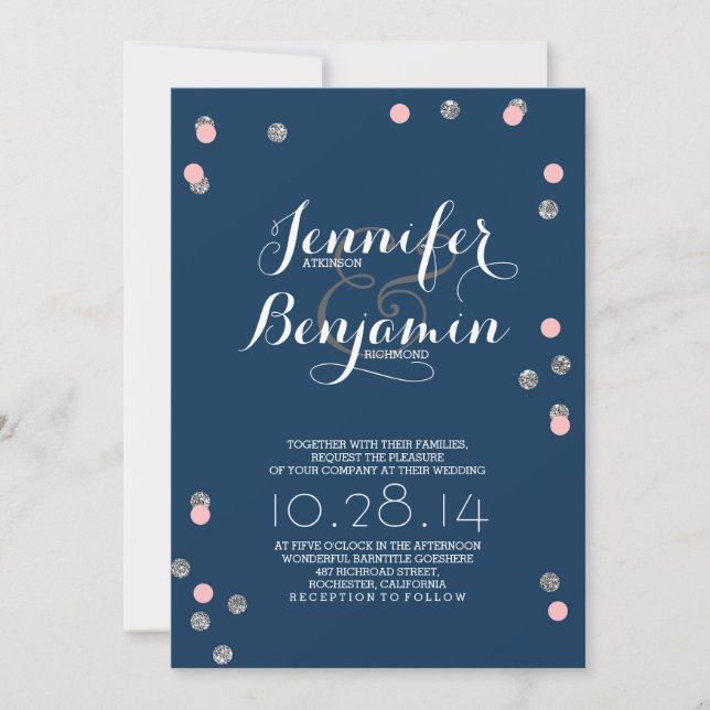 Navy Pink & Silver Confetti Modern Wedding Invite (Front)