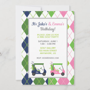 Navy & Pink Split Argyle Golf Party Invitations