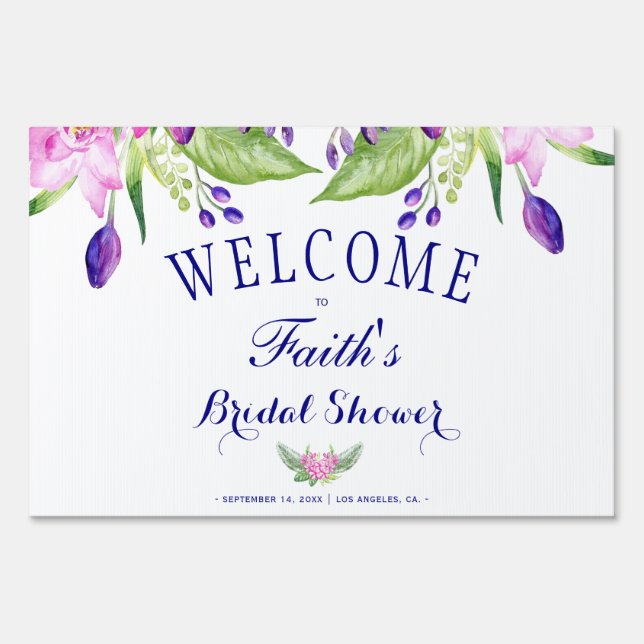 Navy pink summer floral bridal shower welcome sign (Front)