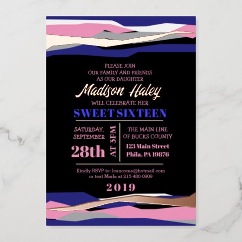 Navy Pink Sweet Sixteen 16 Invitation Rose Gold Foil Invitation