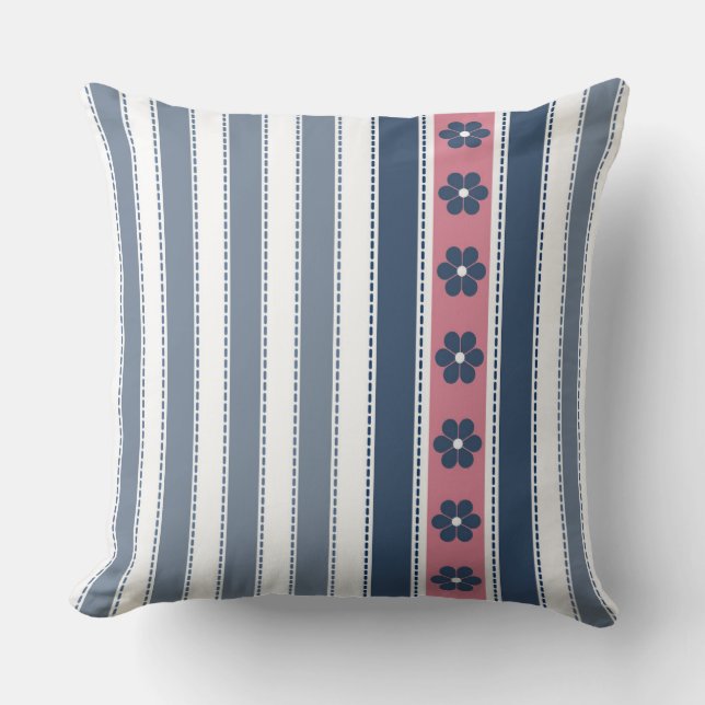 Navy Pink Vertical Stripes Floral Throw Pillow (Front)