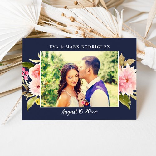 Navy Pink Watercolor Flowers Wedding Photo Thank You Card