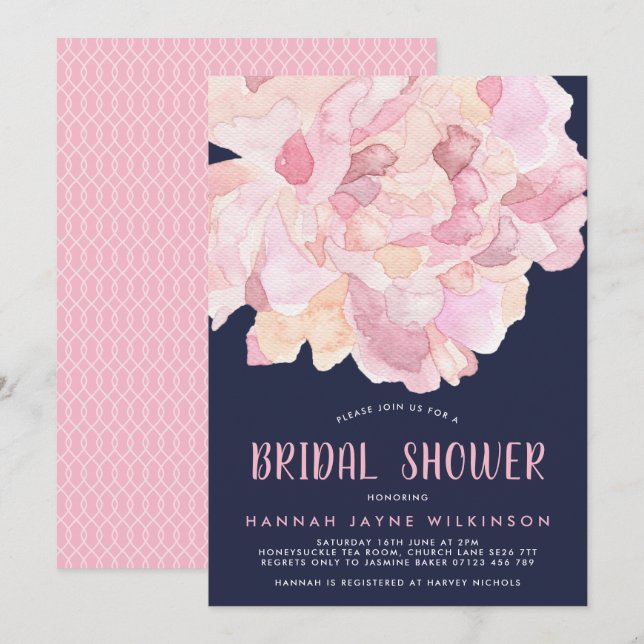 Navy & Pink Watercolor Peony Bridal Shower Invitation (Front/Back)