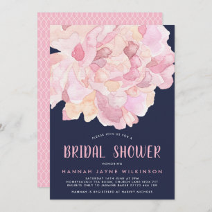 Navy & Pink Watercolor Peony Bridal Shower Invitation
