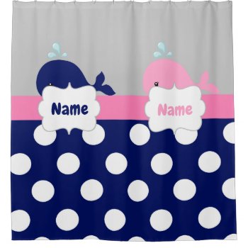 Navy Pink Whale Personalized Shower Curtain by mybabytee at Zazzle
