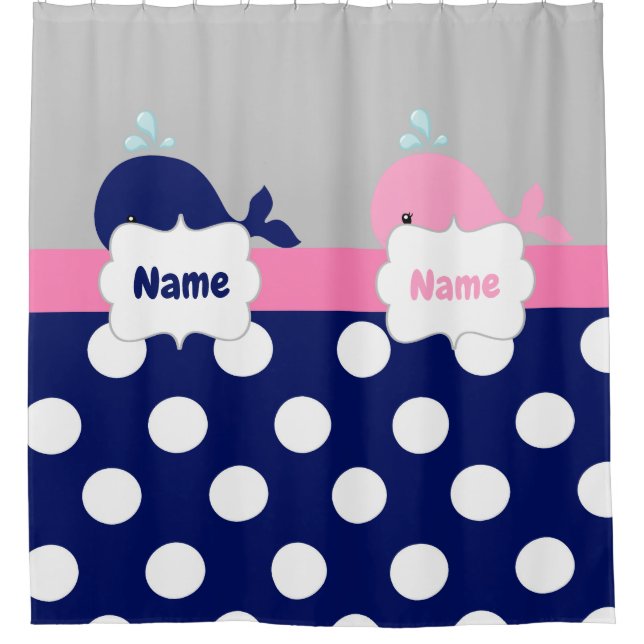 Navy Pink Whale Personalized Shower Curtain (Front)