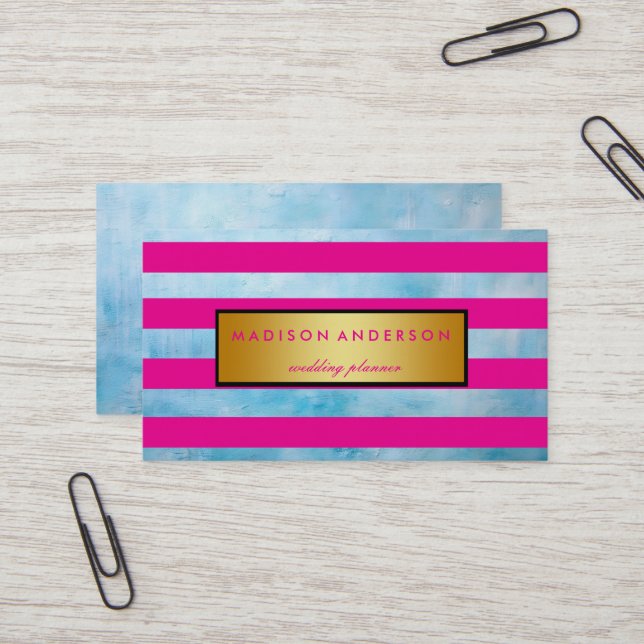 Navy Pink & White Chic Stripes in Gold Business Card (Front/Back In Situ)
