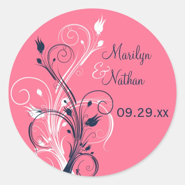 Navy Pink White Floral 1.5" Wedding Sticker (Front)