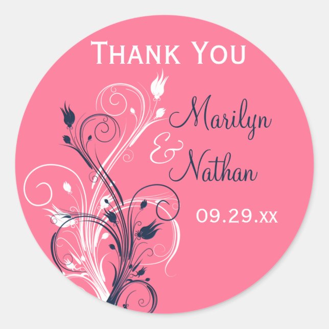 Navy Pink White Floral 1.5" Wedding Sticker (Front)