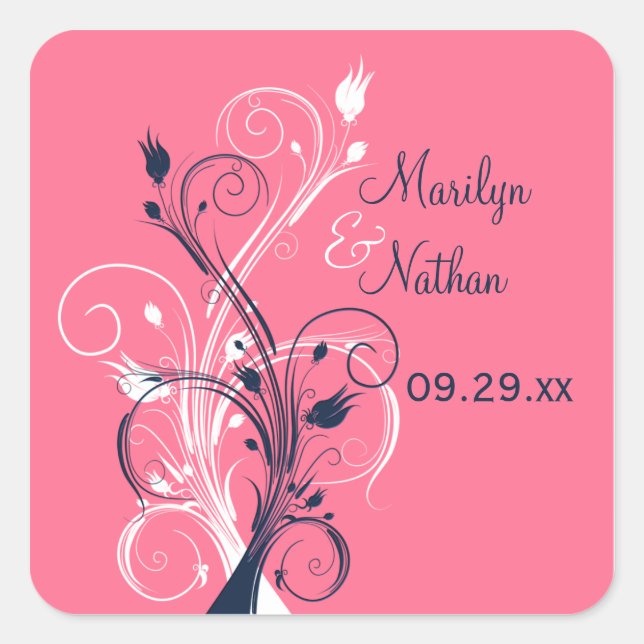 Navy Pink White Floral 1.5" Wedding Sticker (Front)