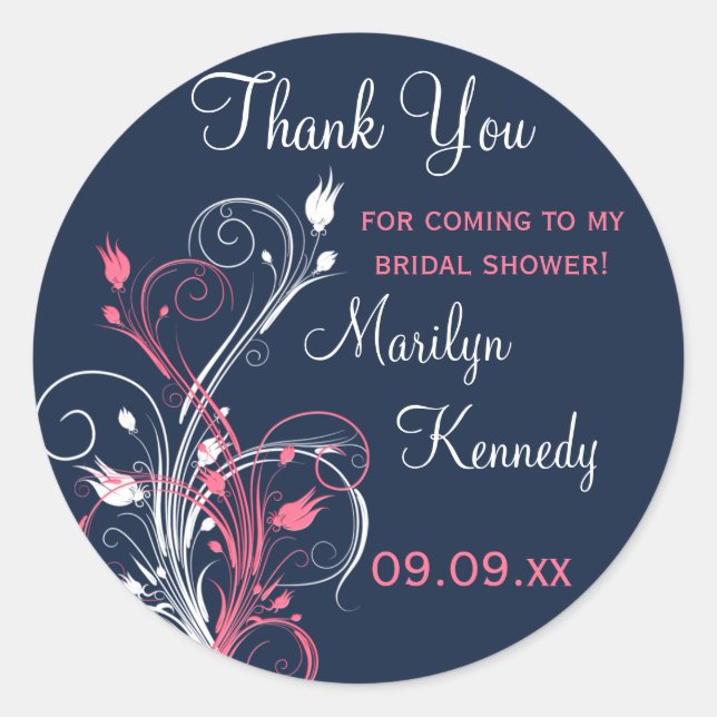 Navy Pink White Floral Bridal Shower Sticker (Front)