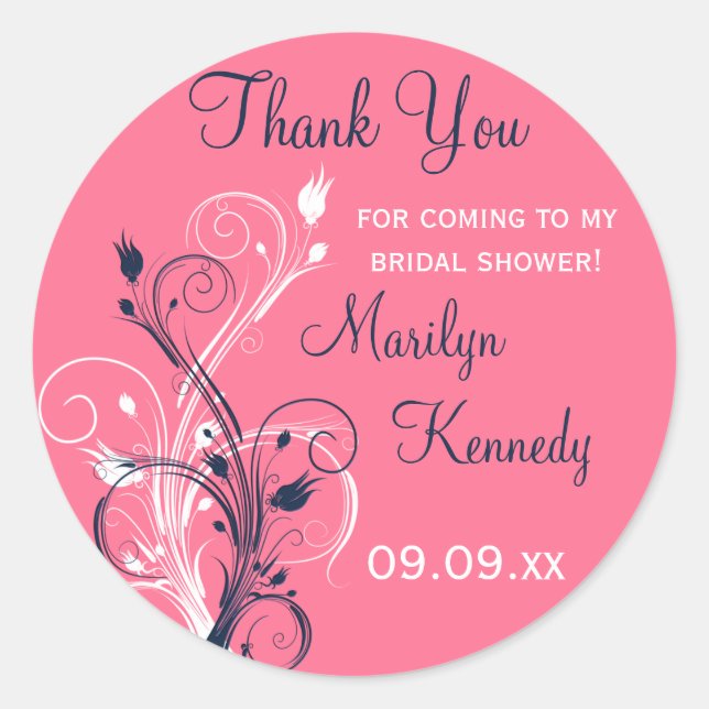 Navy Pink White Floral Bridal Shower Sticker (Front)