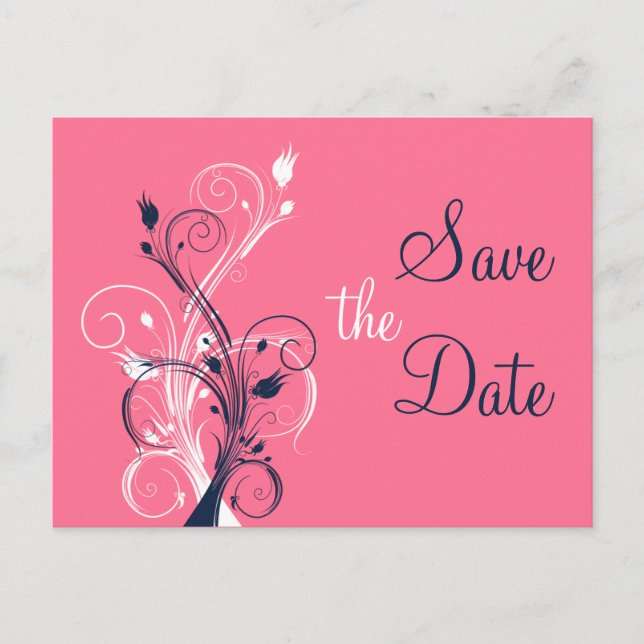 Navy Pink White Floral Save the Date Post Card (Front)