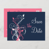 Navy Pink White Floral Save the Date Post Card (Front/Back)