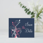 Navy Pink White Floral Save the Date Post Card (Standing Front)