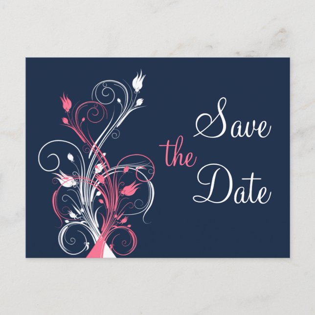 Navy Pink White Floral Save the Date Post Card (Front)