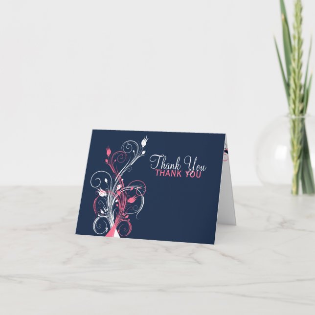 Navy, Pink, White Floral Thank You Card (Front)