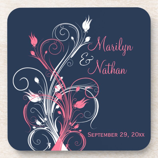 Navy Pink White Floral Wedding Coaster Set (6) (Front)